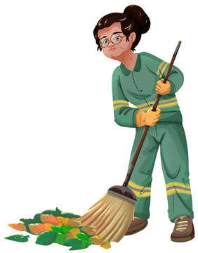 Elderly Woman Sweeping Leaves During Gotong Royong Illustration