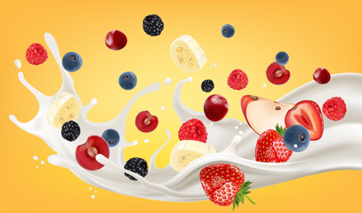 Milk liquid with Mixed berry splashing isolated on solid color background. Realistic vector in 3D elements. Food and Drink concepts.