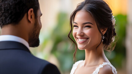 moment of diverse and different ethnicities couple in wedding.