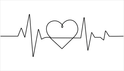 Heart beat continuous one line drawing illustration. Wave pulse. Hand draw heartbeat. One line heartbeat graph Vector illustration single sketch outline.