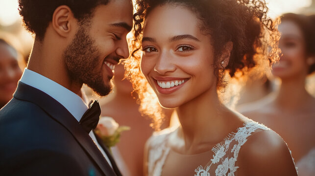 moment of diverse and different ethnicities couple in wedding.
