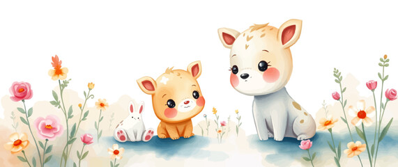 Naklejka premium Watercolor style Adorable Cartoon Cats in Nature: Vector Illustration with Trees, Flowers, and Leaves. 