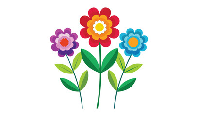 Three colorful flowers with green leaves illustration