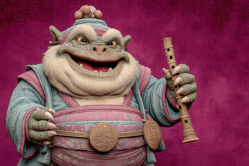 Fantastical creature holding flute in vibrant pink and blue attire