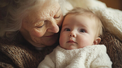 Gentle moments of bonding between grandparent and their grandchild. Family generations.