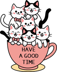 Cute cats in coffee mug Cartoon illustration 