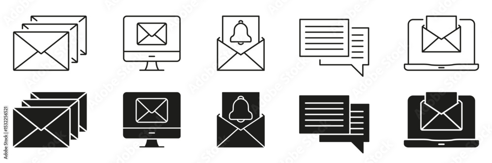Fototapete email and notification interface line and solid icon set. inbox messaging, digital communication sym