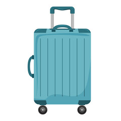 Blue travel suitcase with wheels and handle on white background in flat style.