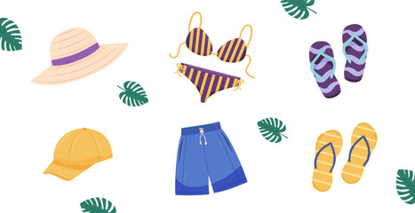 Summer beachwear set with hats, swimwear, and flip-flops on white backdrop.