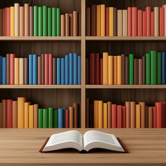 Fototapeta premium Colorful Books on Shelves with Open Book on Wooden Table in Cozy Reading Space