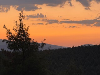 Evening twilight over mountains with forested hills and warm sunset colors painting the sky — peaceful and scenic natural landscape
