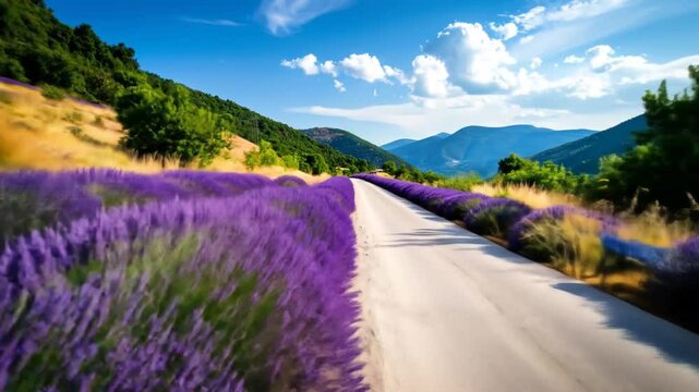 Scenic Lavender Field Road Under Sunny Blue Sky