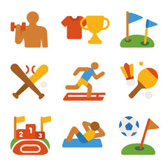 Sport activities nine colorful icons ideal for sports websites, fitness apps, infographics, and posters showcasing a variety of sports.