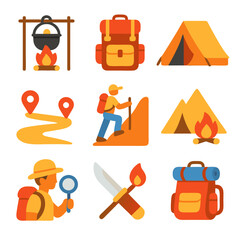 Camping and hiking icons for adventurous outdoor activities. Perfect for creating invitations, posters, and websites for outdoor enthusiasts.