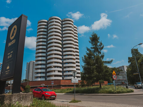 06.06.2025, Zory, Poland. Kukurydze residential towers in Katowice, iconic architecture of Osiedle Tysiąclecia, symbol of Polish modernist urban housing from the communist era