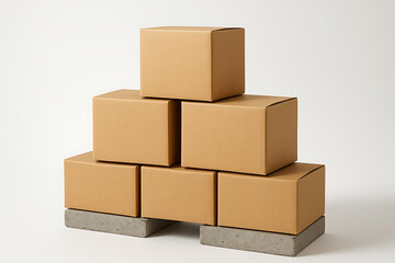Fototapeta premium Stacked cardboard boxes on concrete slabs with white background