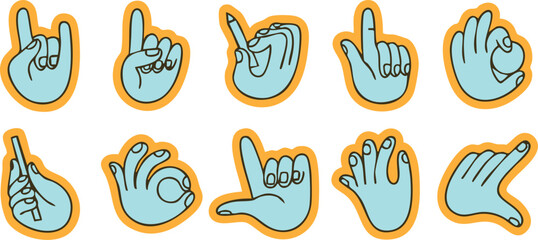 Funny blue handset with cartoon hand gesture stickers and hand signal vector clipart