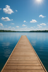Naklejka premium Wooden dock extending over calm blue lake under sunny sky