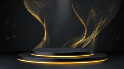 podium on black background with flowing gold and soft luxury light
