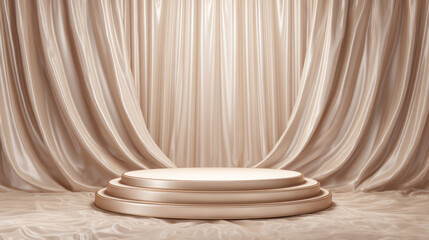 Pearl-tone podium on silk-textured background with soft folds