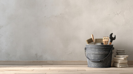 bucket of tools placed next to damaged wall, soft neutral palette