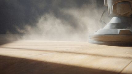 wooden floor being sanded by machine, fine dust particles