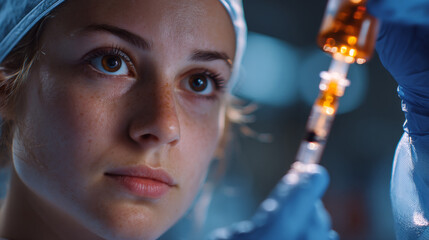 Nurse installing IV drip, close-up on gloved hands, clean hospital environment