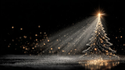 rich festive scene glowing golden star atop silver tree made of luminous dust, surrounded by radiating sparkles Happy New Year