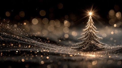rich festive scene glowing golden star atop silver tree made of luminous dust, surrounded by radiating sparkles Happy New Year