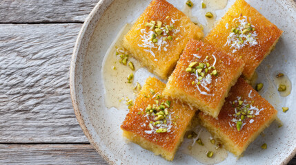 top view, plate of freshly baked basbousa squares with coconut flakes and syrup glistening