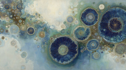 natural rhythm, circular waves and spiral forms in blended seasonal tones, symbolic and soft