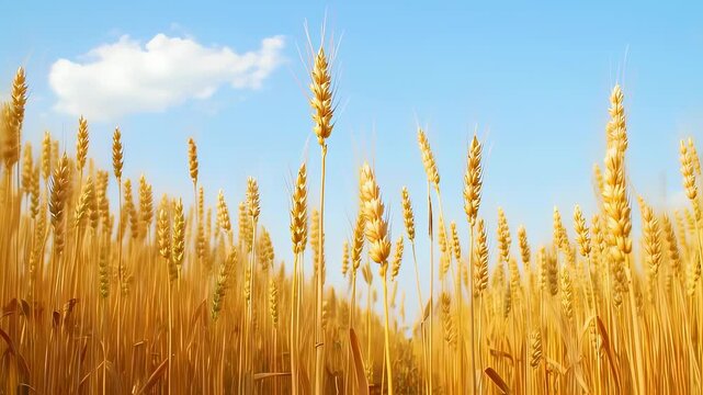 Golden Wheat Field Under Clear Blue Sky. Seamless looping 4k video background 
