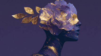 woman silhouette with flower mask and gold foil accents on dark purple background