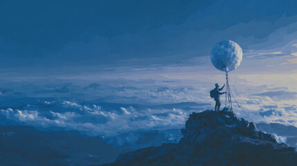 Meteorological sensor technician fixing a weather balloon transmitter on a mountain peak