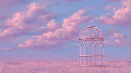 cage in empty field, freedom metaphor, minimalist pastel background