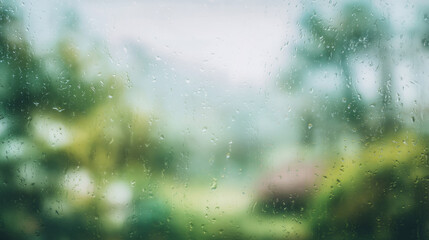 blurred nature behind glass with droplets and soft bokeh