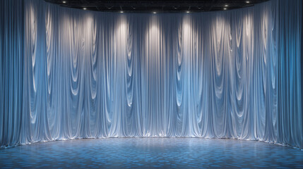 Patterned fabric backdrop with vertical pleats in a runway setting
