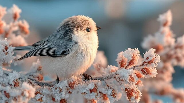 Charming Long-tailed Tit Perched on a Snowy Branch in Winter Wonderland Macro Shot