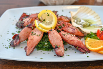 Grilled squid served on a plate in restaurant.