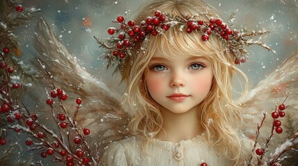 Watercolor Christmas portrait of a serene angel girl. Watercolor style for greeting cards, banners, invitations, flyers, stickers. Children's symbol of New Year and Christmas.