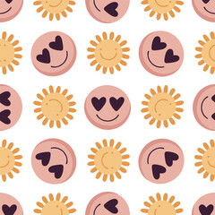 Seamless pattern with smiling suns and heart eyes emoticons on white background. Cute emoticon design for kids, fabric, wallpaper. Emoticon pattern in modern flat style. Emoji repeated.