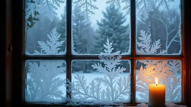 Frosty winter window with snowflake patterns and glowing candle, peaceful snowy forest view in cozy seasonal atmosphere

