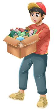 Boy Carrying Box of Recyclables During Gotong Royong Illustration