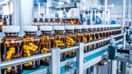 A close-up of amber bottles filled with capsules on a production line in a pharmaceutical factory.