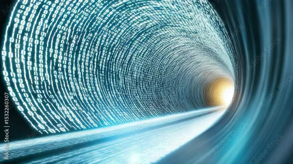 Fototapete Digital Pathway: An abstract tunnel composed of light and data, symbolizing the intricate network and the endless flow of information within the digital realm, leading towards an unknown future.