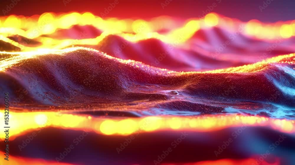 Poster Dynamic digital landscape of glowing waves in red and blue hues with particle lights. Wallpaper High-resolution digital art. Technology and energy flow concept