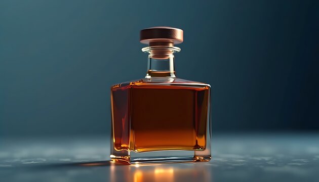 Square glass bottle filled with amber liquid and copper cap.