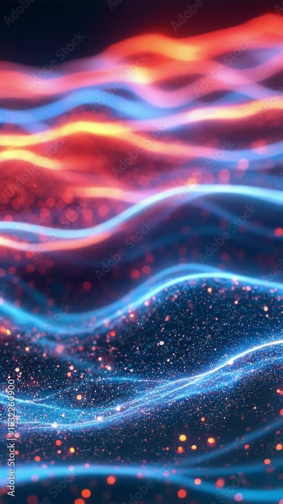 Poster dynamic digital landscape of glowing waves in red and blue hues with particle lights. wallpaper high