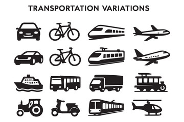 Various transportation modes illustrations including cars, bicycles, buses, and ships