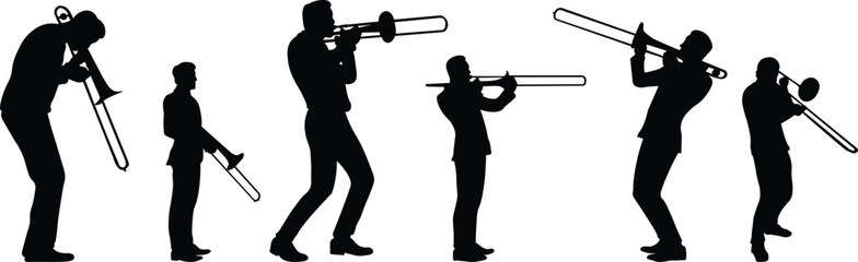 Silhouette set of trombone players. Jazz musical instrument of trombone players silhouette isolated on white background. Vector Illustration